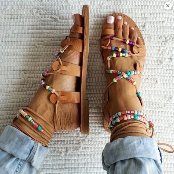 GROUPI Gladiator Leather beaded SANDALS Handmade in Greece EU 37 - Picture 2 of 7